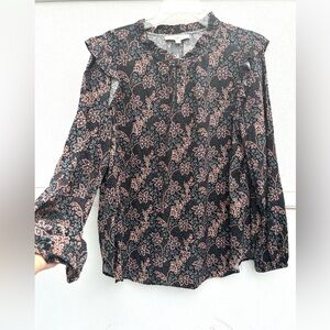 Loft peasant top large long sleeve ruffled blouse black floral print classy